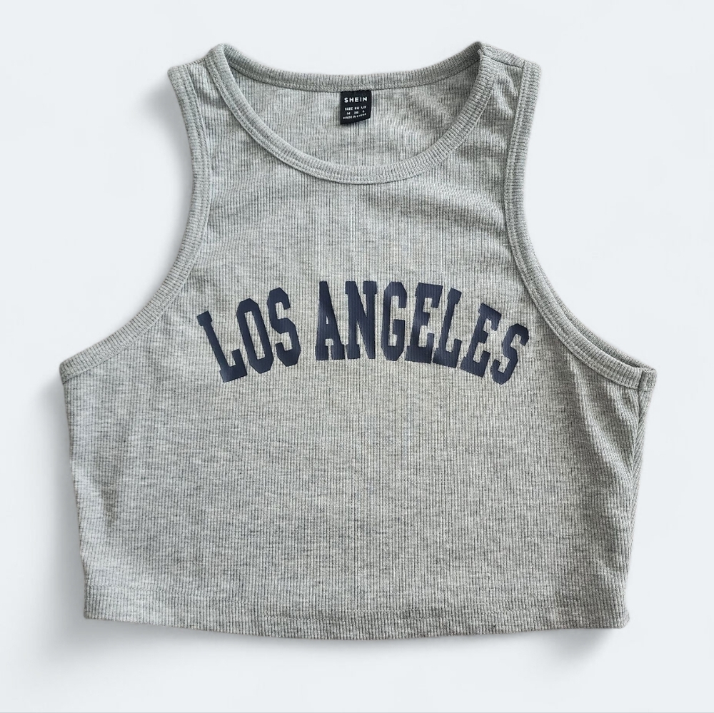 SHEIN Los Angeles Ribbed Crop Tank Top - Gray Racerback - Size Medium​